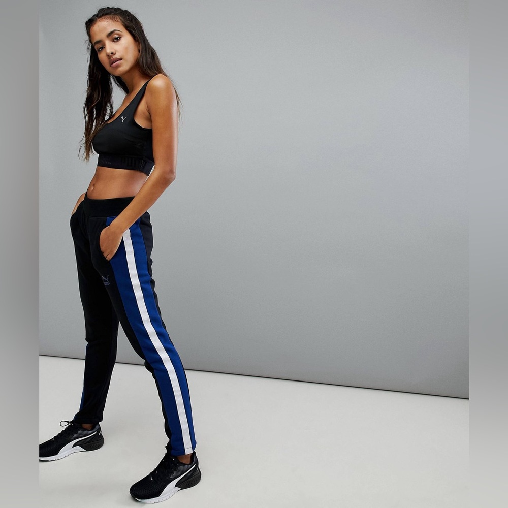 {Puma} T7 Track Pants In Black With Blue Stripe - Sz M